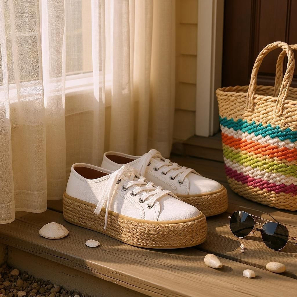 Woman WHITE Beige Canvas Lace Up Espadrille Platform Sneakers Shoes 10 M